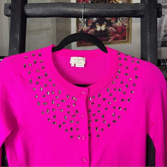 Kate Spade XS Hot Pink Wool Cardigan with Rhinestone Studs - Picture 3 of 7